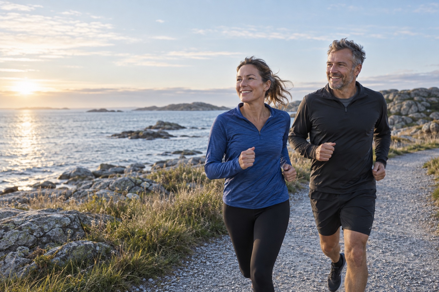 Two recreational runners enjoying a morning run together on a coastal path.