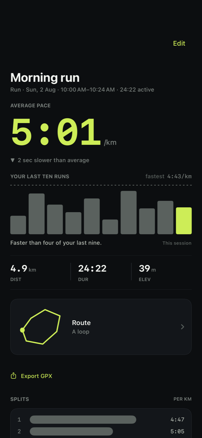 Fram run history with average pace, distance, elevation, and a recorded route.