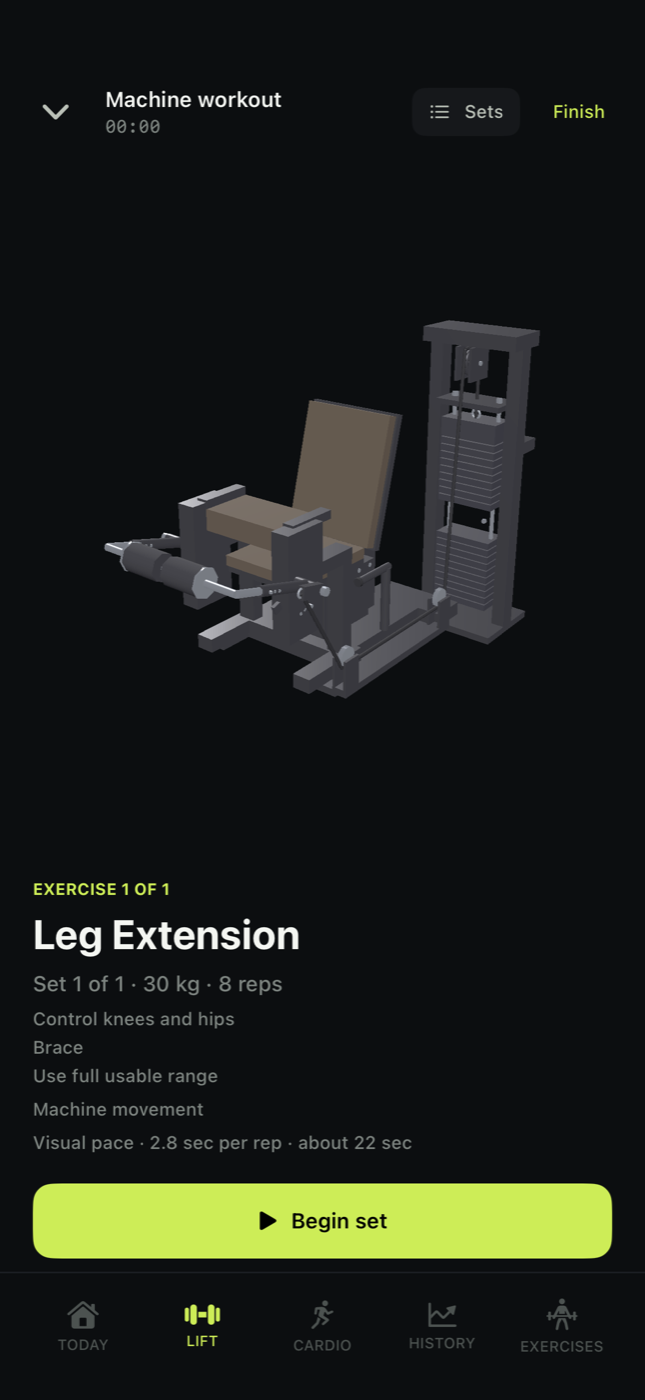 Fram’s leg extension session shows equipment, movement cues, 30 kg for 8 reps, and the Begin set control.