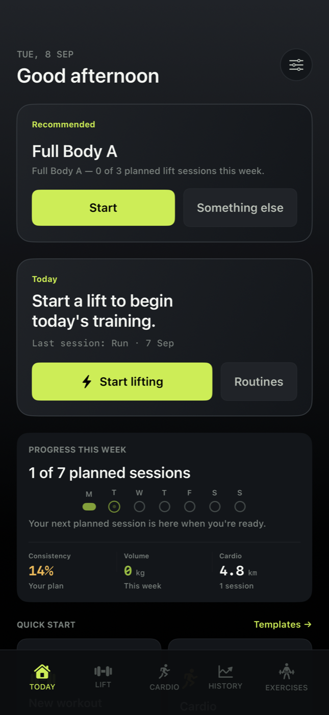 Fram Today view with a Full Body A workout, weekly training plan, and cardio summary.